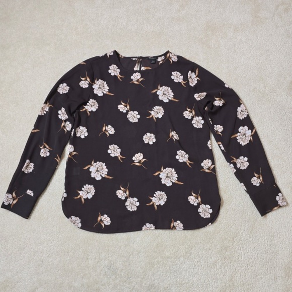 Ann Taylor Factory Chocolate Brown Floral‎ Long Sleeve Blouse Keyhole Back Small - Picture 4 of 7